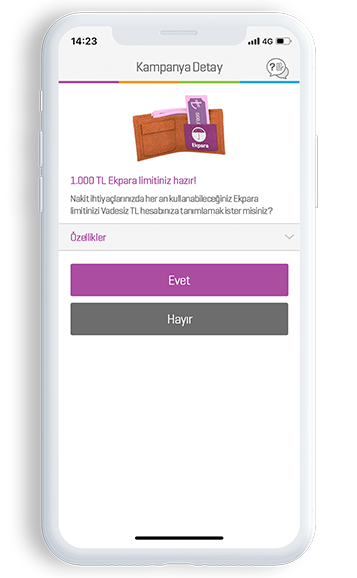 Nakite ihtiyaç duyduğunuzda anında vadesiz TL hesabınıza yatırılan Enpara.com Ekpara limiti ekranı.